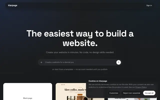 Screenshot of klarpage — create your website in minutes.
