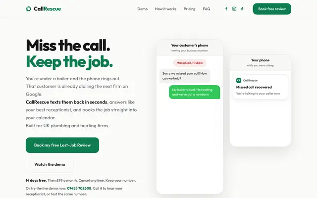 Screenshot of CallRescue. Miss the call. Keep the job.