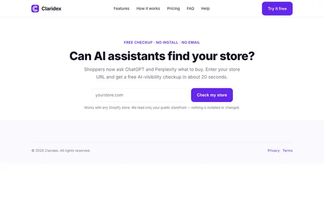 Screenshot of Free Shopify AI Visibility Checkup | Claridex