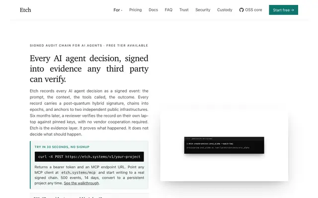 Screenshot of Etch : Trace, Replay, and Verify Every AI Agent Decision