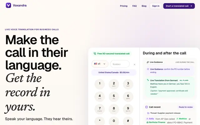 Screenshot of Voxandra | AI Phone Copilot for Teams