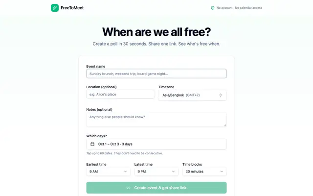 Screenshot of FreeToMeet — Group scheduling without the pain