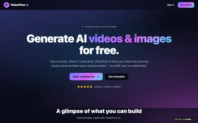 Screenshot of VisionFlow AI — Free AI Image & Video Generator