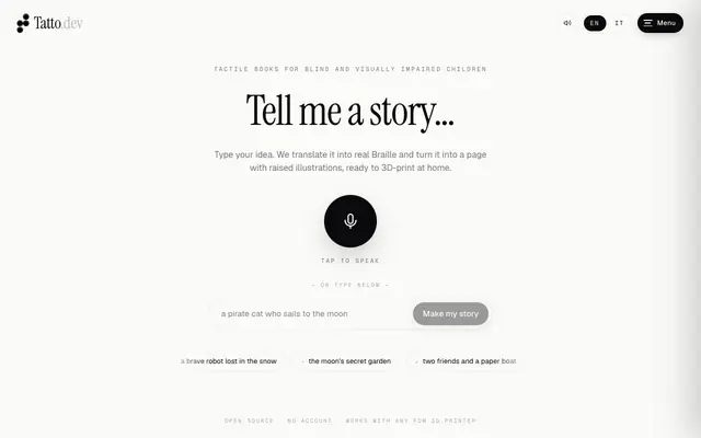Screenshot of Tatto.dev — Tactile Braille stories to 3D print