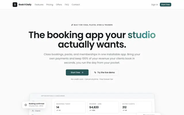 Screenshot of Book It Daily — Booking & membership software for yoga studios, gyms & personal