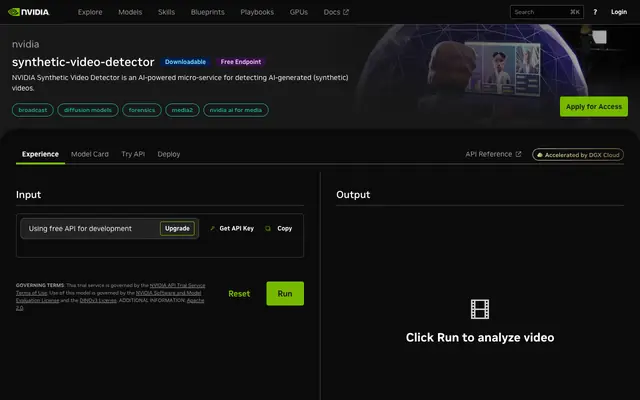 Screenshot of synthetic-video-detector Model by NVIDIA | NVIDIA NIM