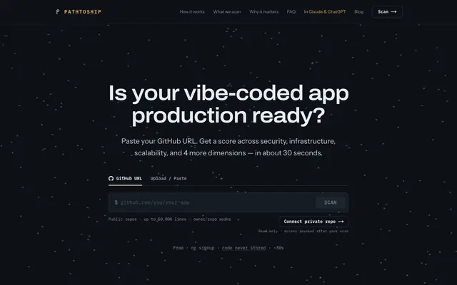 Screenshot of PathToShip — Is Your Vibe-Coded App Production Ready?
