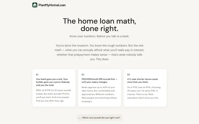 Screenshot of PlanMyHomeLoan — The home loan math, done right.