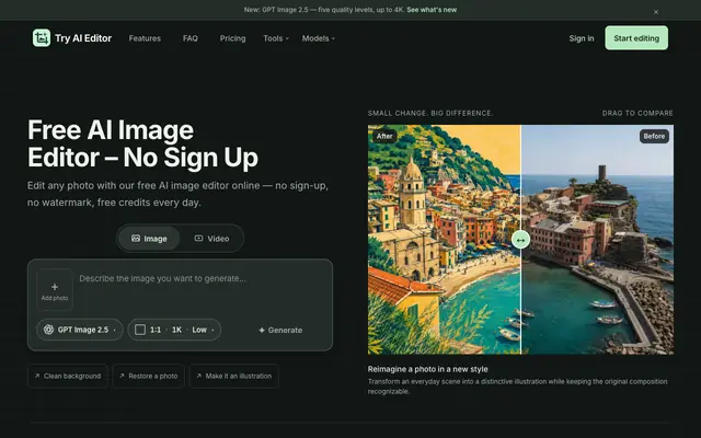 Screenshot of Free AI Image Editor Online – No Sign Up | Try AI Editor