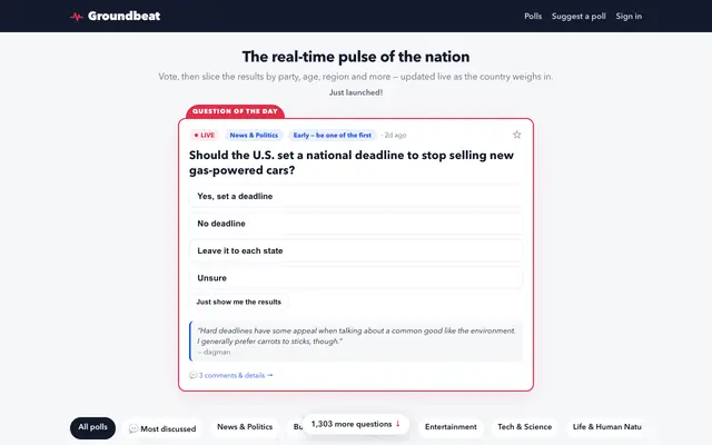 Screenshot of Groundbeat — the real-time pulse of the nation