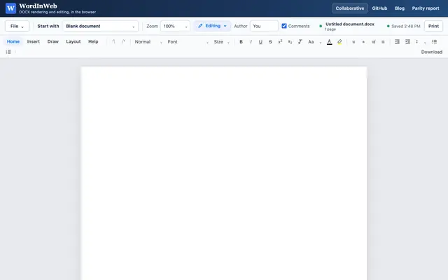 Screenshot of WordInWeb — browser DOCX editor