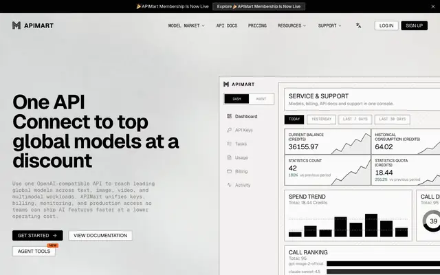 Screenshot of Discounted AI API Aggregator: GPT-5, Sora 2 | APIMart