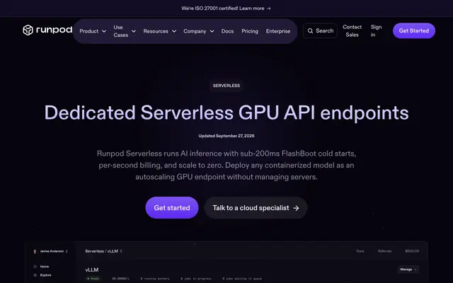 Screenshot of Serverless GPU Platform for AI Inference | Runpod