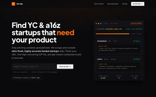 Screenshot of ICP.HQ — Find high-quality, ultra-fresh YC & a16z funded leads