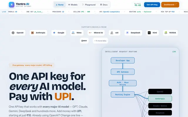 Screenshot of Yantra AI — One key for every AI model