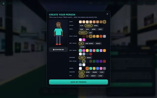 Screenshot of TIMxAI Lobby — the walkable front door