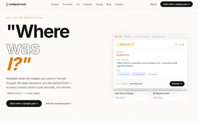 Screenshot of InventList | Nodepad — "Where was I?" Context recovery for builders, teams, and