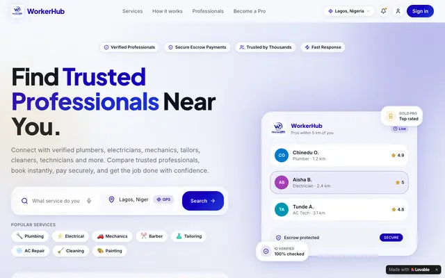 Screenshot of WorkerHub — Find Trusted Professionals Near You