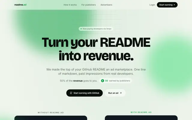 Screenshot of ReadMeAd: Monetize Your GitHub Code