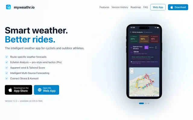 Screenshot of myweathr.io — Smart Weather & Echelon Analysis for Cyclists