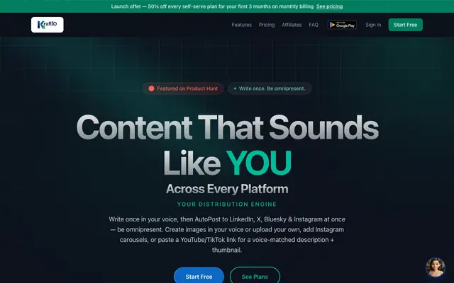 Screenshot of AI Content Generator for LinkedIn, YouTube, Instagram, TikTok, X & Bluesky | Kra