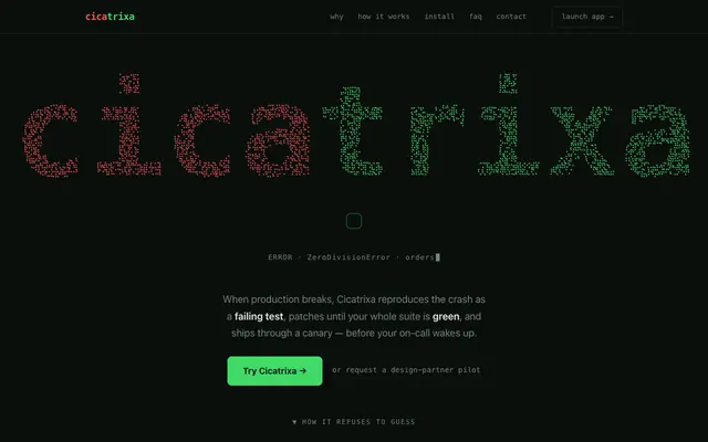 Screenshot of Cicatrixa — push a repo, get a healed, hosted app