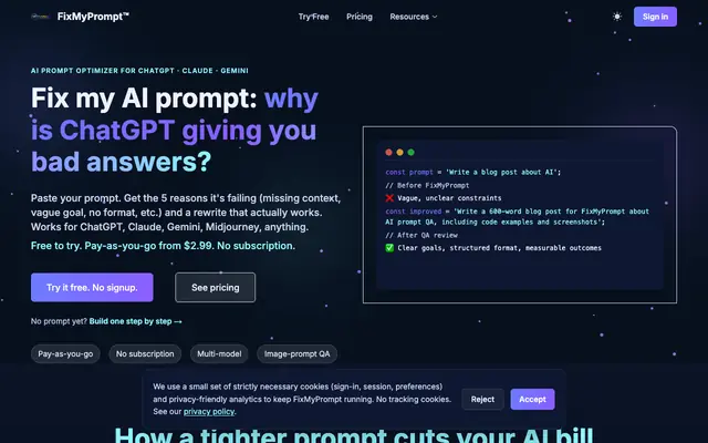 Screenshot of Fix My Prompt: AI Prompt Optimizer for ChatGPT, Claude & Gemini