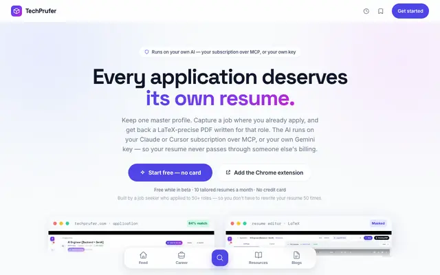 Screenshot of TechPrufer — LaTeX resume tailor + job tracker with your Gemini key