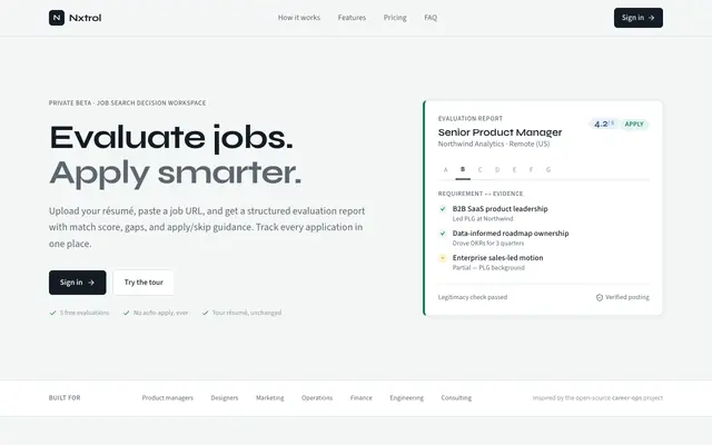 Screenshot of Nxtrol — Evaluate jobs. Apply smarter.