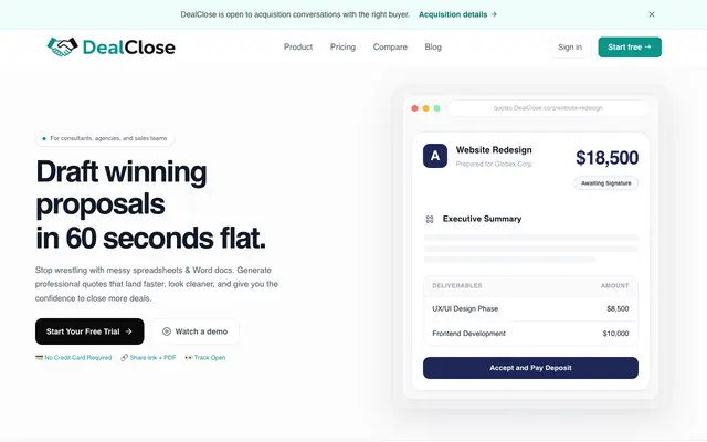 Screenshot of AI Sales Quotes in 60 Seconds - Free Forever - DealClose.co
