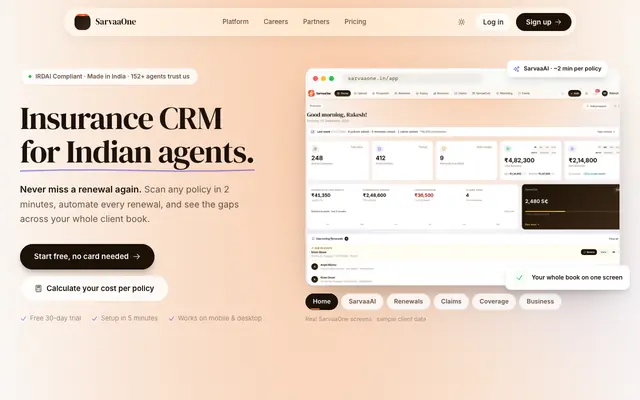 Screenshot of SarvaaOne — AI Insurance CRM for Indian Agents
