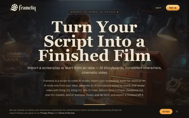 Screenshot of Frameliq — Script to Video AI & AI Storyboard Generator