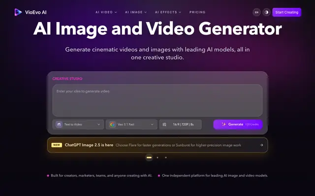 Screenshot of AI Video & Image Generator for Text, Image & Video | VioEvo