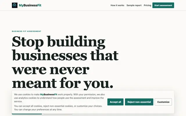 Screenshot of MyBusinessFit - Discover the Business That Fits You Best - mybusinessfit.com