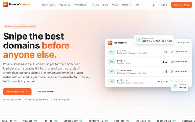 Screenshot of Namecheap Marketplace Domain Sniper App | PounceDomains