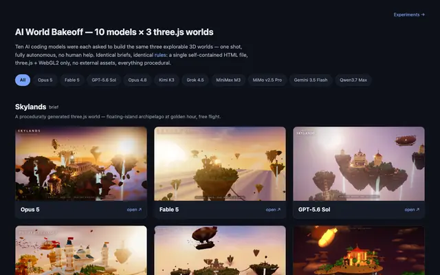 Screenshot of AI World Bakeoff — 9 models × 3 three.js worlds