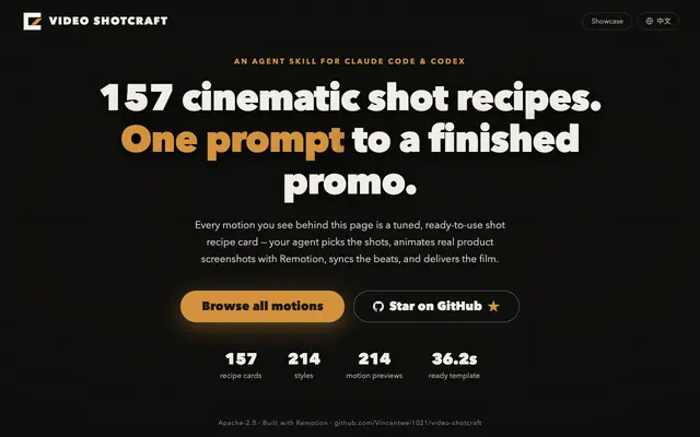 Screenshot of video-shotcraft — AI Video Skill for Claude Code & Codex | Remotion Shot Library