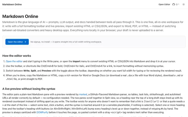 Screenshot of Markdown Online — Free Markdown Editor, Converter & Import Tool