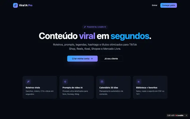 Screenshot of Viral IA Pro — Conteúdo viral em segundos