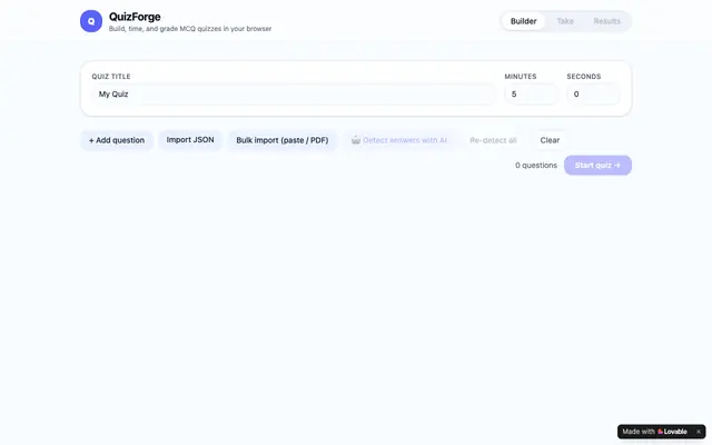 Screenshot of QuizForge — Build & Take Timed MCQ Quizzes