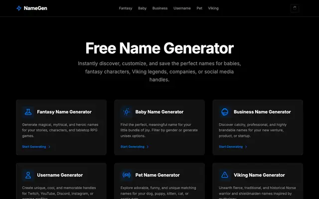 Screenshot of Free Name Generator - Magic, Baby, Business, Viking & Usernames | Free Name Gene