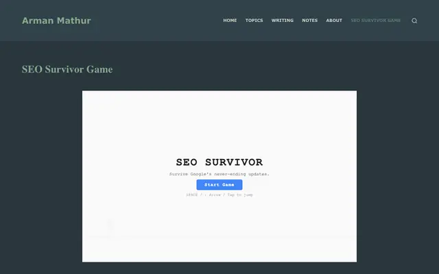 Screenshot of SEO Survivor: A Chrome Dino-Inspired Game for SEO People - Arman Mathur
