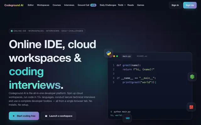 Screenshot of Codeground AI: Online IDE, Cloud Workspaces, Coding Interviews, Courses & Video