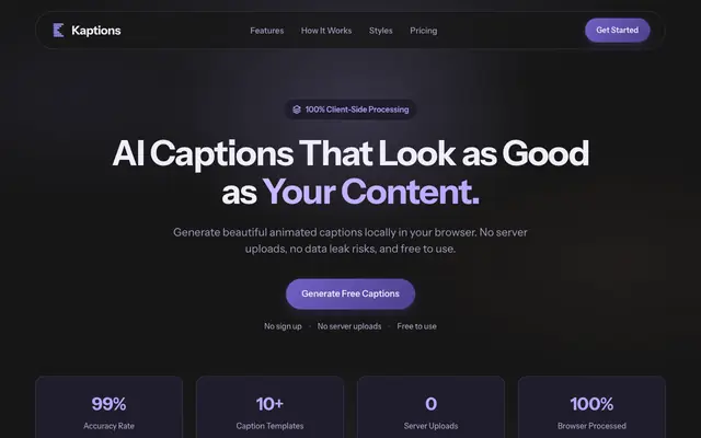 Screenshot of Kaptions — AI Captions That Look as Good as Your Content
