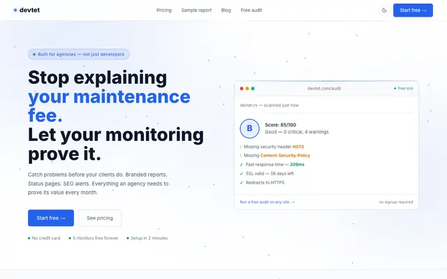 Screenshot of DevTet — Monitoring Built for Agencies