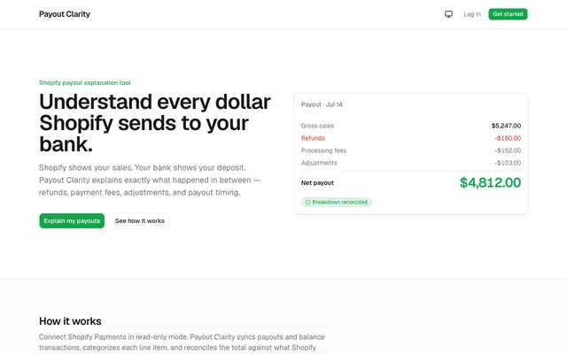 Screenshot of Payout Clarity — Understand every dollar Shopify sends to your bank