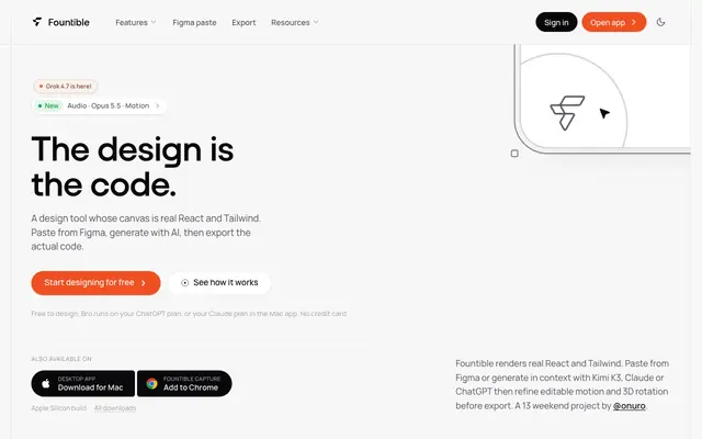 Screenshot of Fountible — Figma Alternative Where Design Is Code