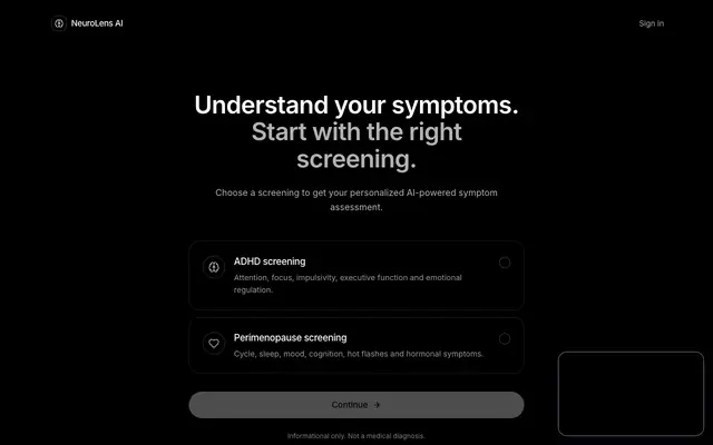 Screenshot of NeuroLens AI — Understand your mind. Track your health.