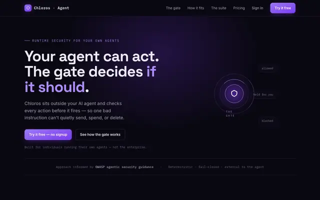 Screenshot of Chloros — the runtime gate for your own AI agents