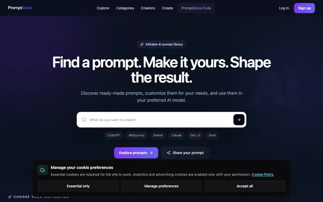 Screenshot of Promptgena — Model-Independent AI Image Prompts